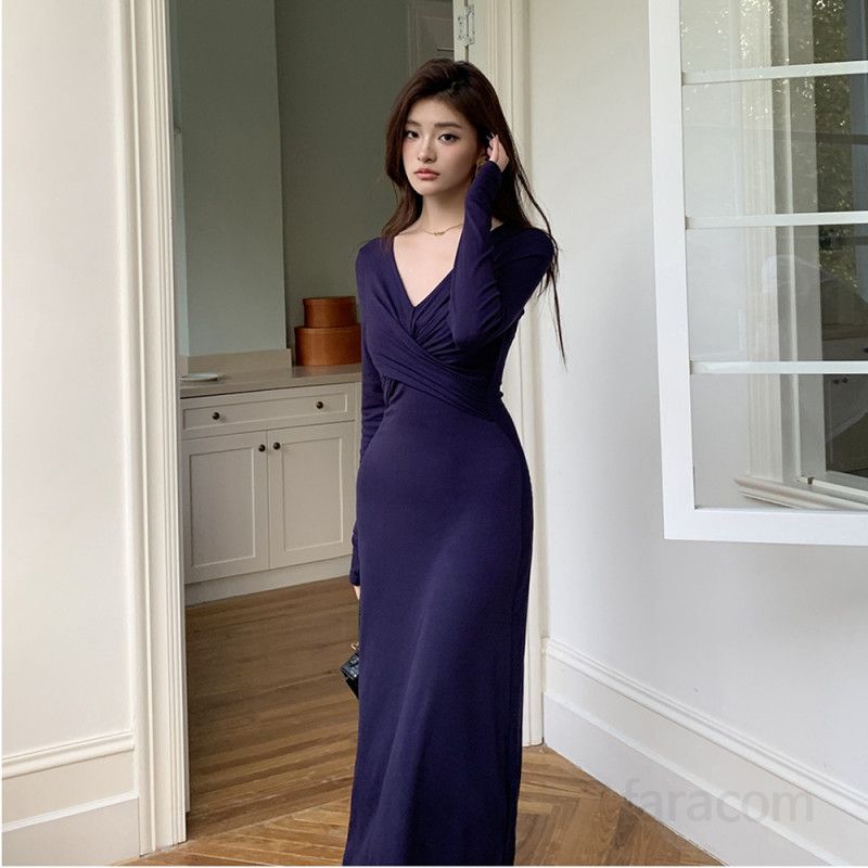 여성 X라인 브이넥 랩 크로스 셔링 하이웨이스트 슬림핏 레이온 스판 긴팔 롱 원피스 오피스 하객룩 봄 가을 - 상세 이미지 3