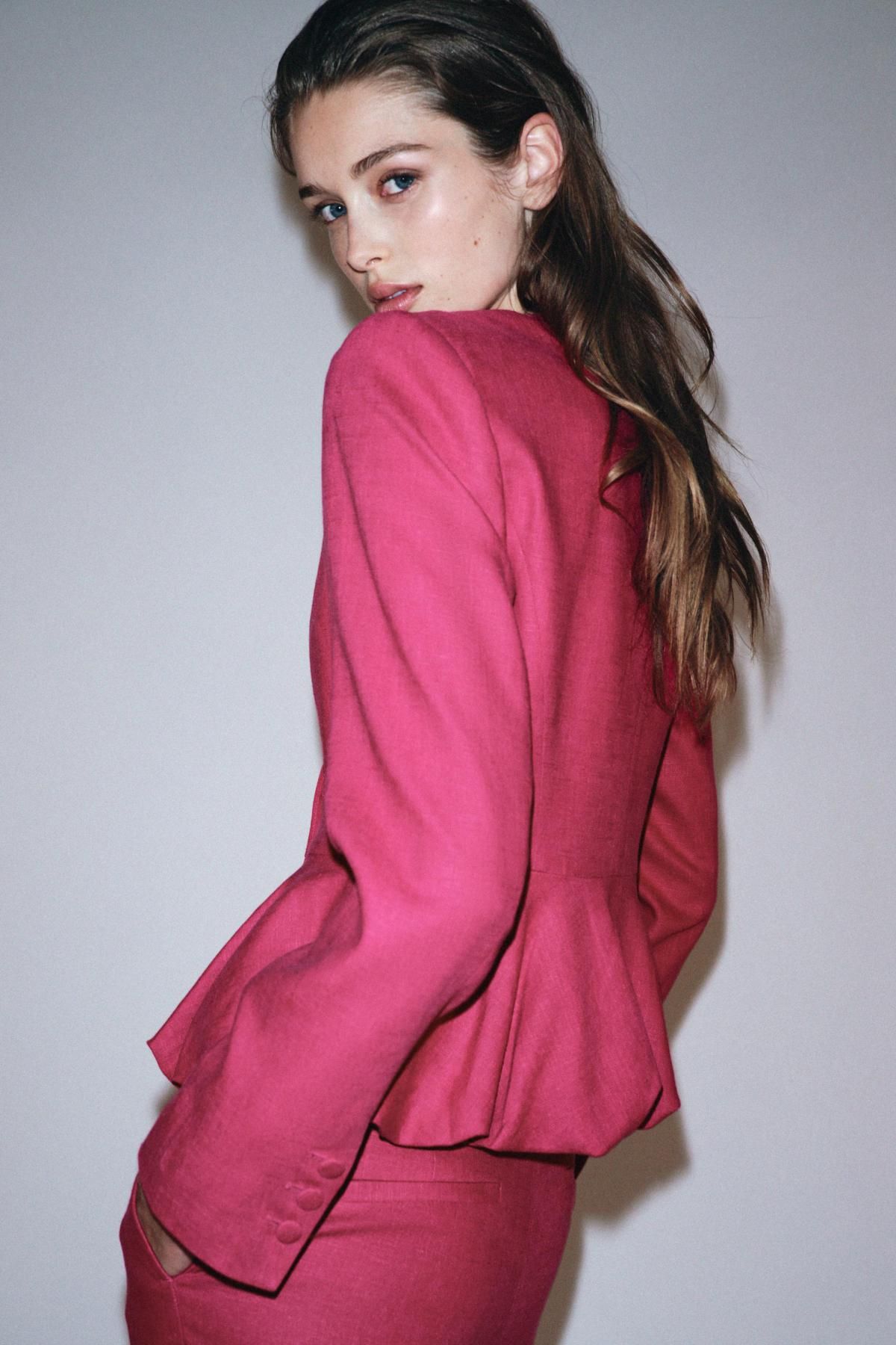 자라 핑크 린넨블렌드 페블럼 라운드넥 블레이저 8491/390 FUCHSIA - 상세 이미지 4