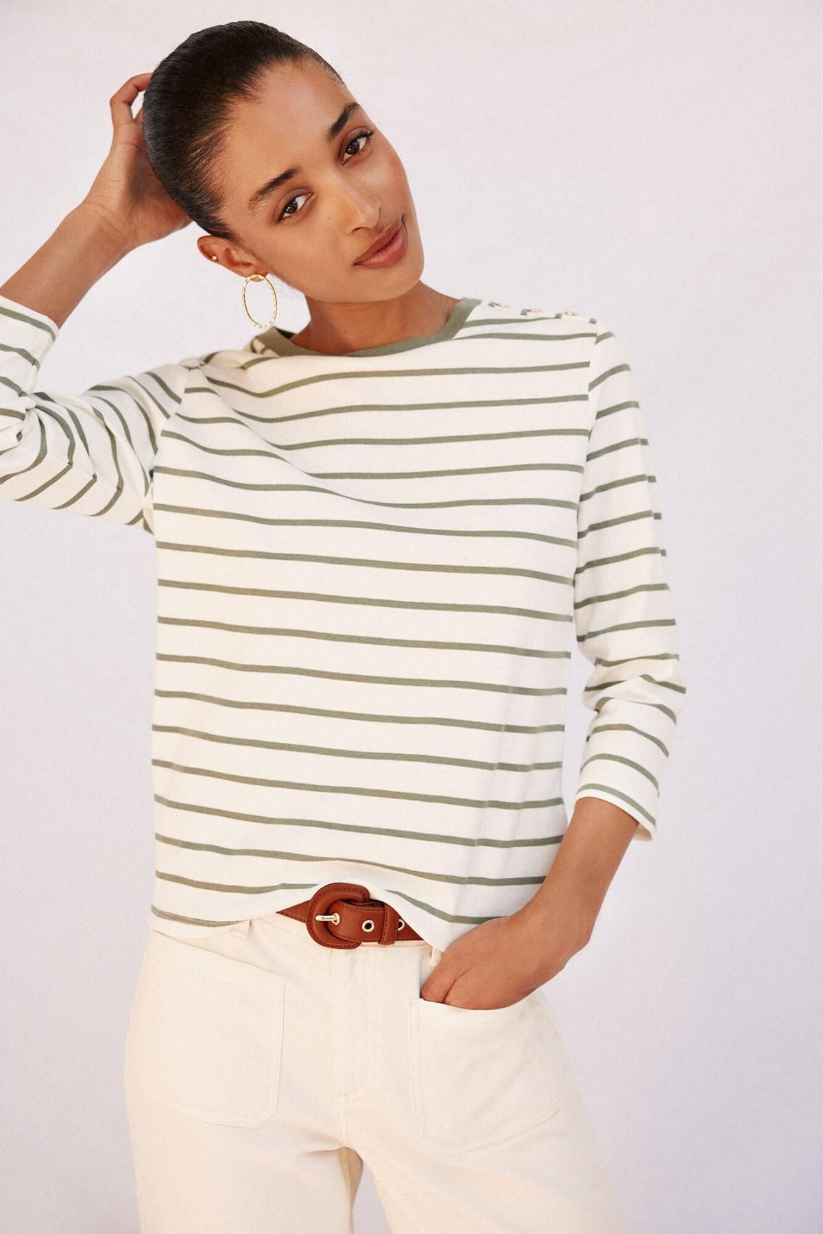 꼬르떼피엘 골드버튼 스트라이프 베이직 긴팔 티셔츠 6322481 ESTAMPADO VERDE - 상품 이미지