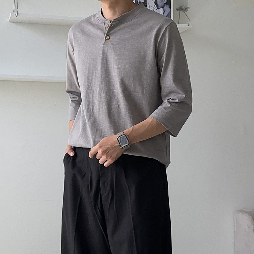 남자 반팔티 오버핏 흰색 칠부 7부 여름 티셔츠 헨리넥 반팔 - 상세 이미지 4