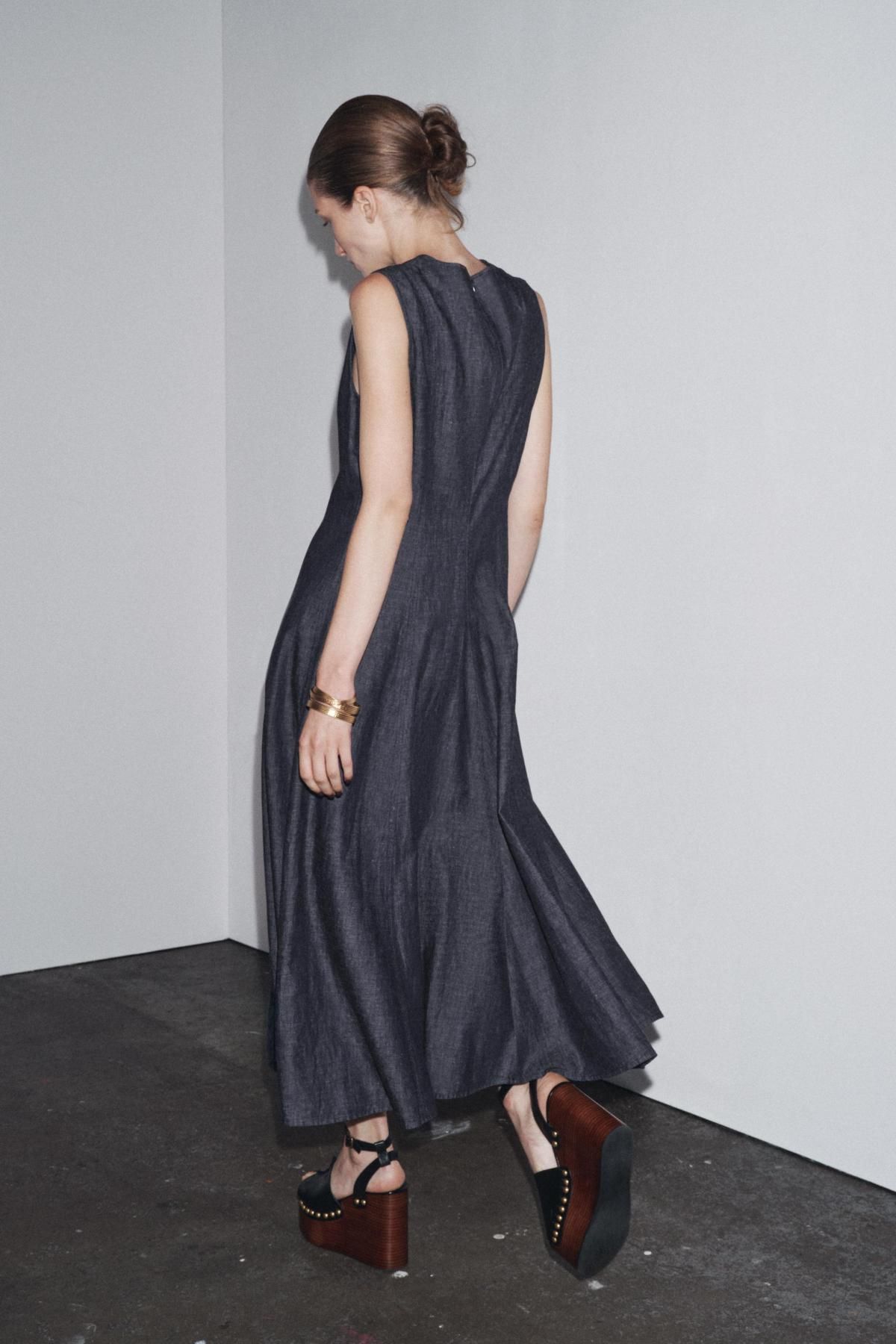 자라 슬리브리스 플레어 데님 미디 원피스 7563/243 DARK INDIGO - 상세 이미지 4