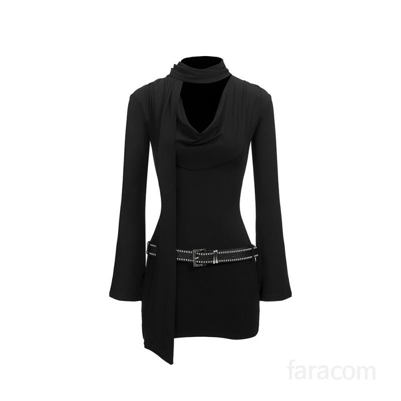 여성 브이넥 엑스라인 긴팔 미니원피스 슬림핏 하이웨이스트 드레이프 데이트 파티룩 봄 가을 - 상세 이미지 5