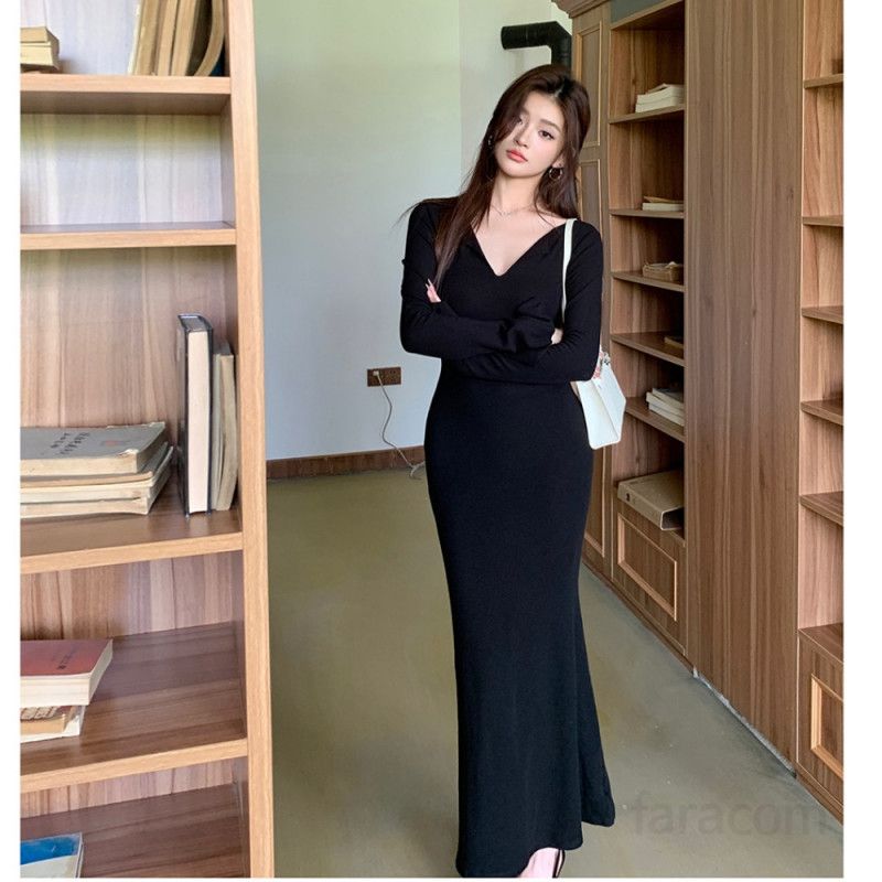 여성 브이넥 긴팔 롱 원피스 슬림핏 바디라인 골지 하이웨이스트 데일리 시티워크룩 페미닌 모던 우아한 봄 가을 - 상품 이미지