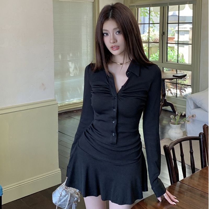 여성 셔츠카라 긴팔 셔링 허리 슬림 X라인 미니 원피스 플레어 하이웨스트 데일리 데이트룩 오피스룩 봄 가을 - 상세 이미지 2