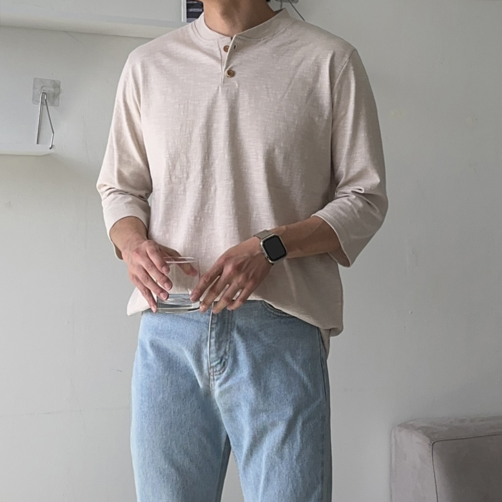 남자 반팔티 오버핏 흰색 칠부 7부 여름 티셔츠 헨리넥 반팔 - 상세 이미지 3