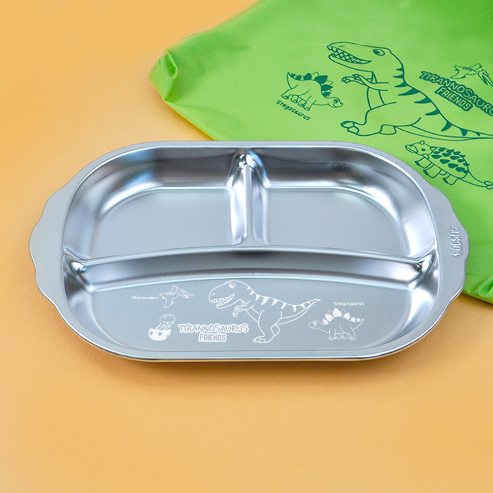 키친유 티라노 스텐 304 손잡이 간식 식판 3구 공룡 캐릭터 어린이집 아기 유아 접시 - 메인 이미지