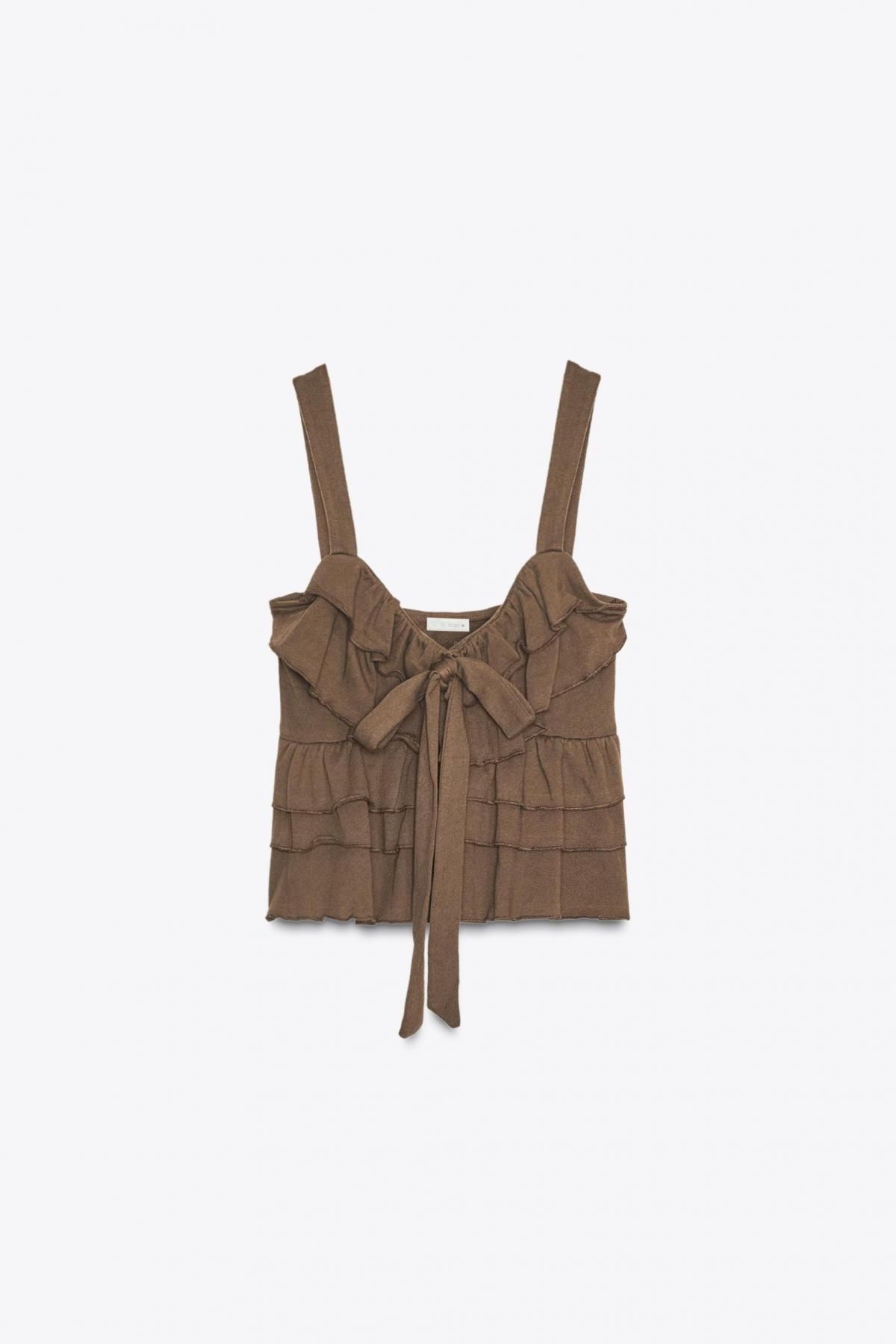 자라 러플 리본 브이넥 스트랩 탑 4174/805 BROWN - 메인 이미지