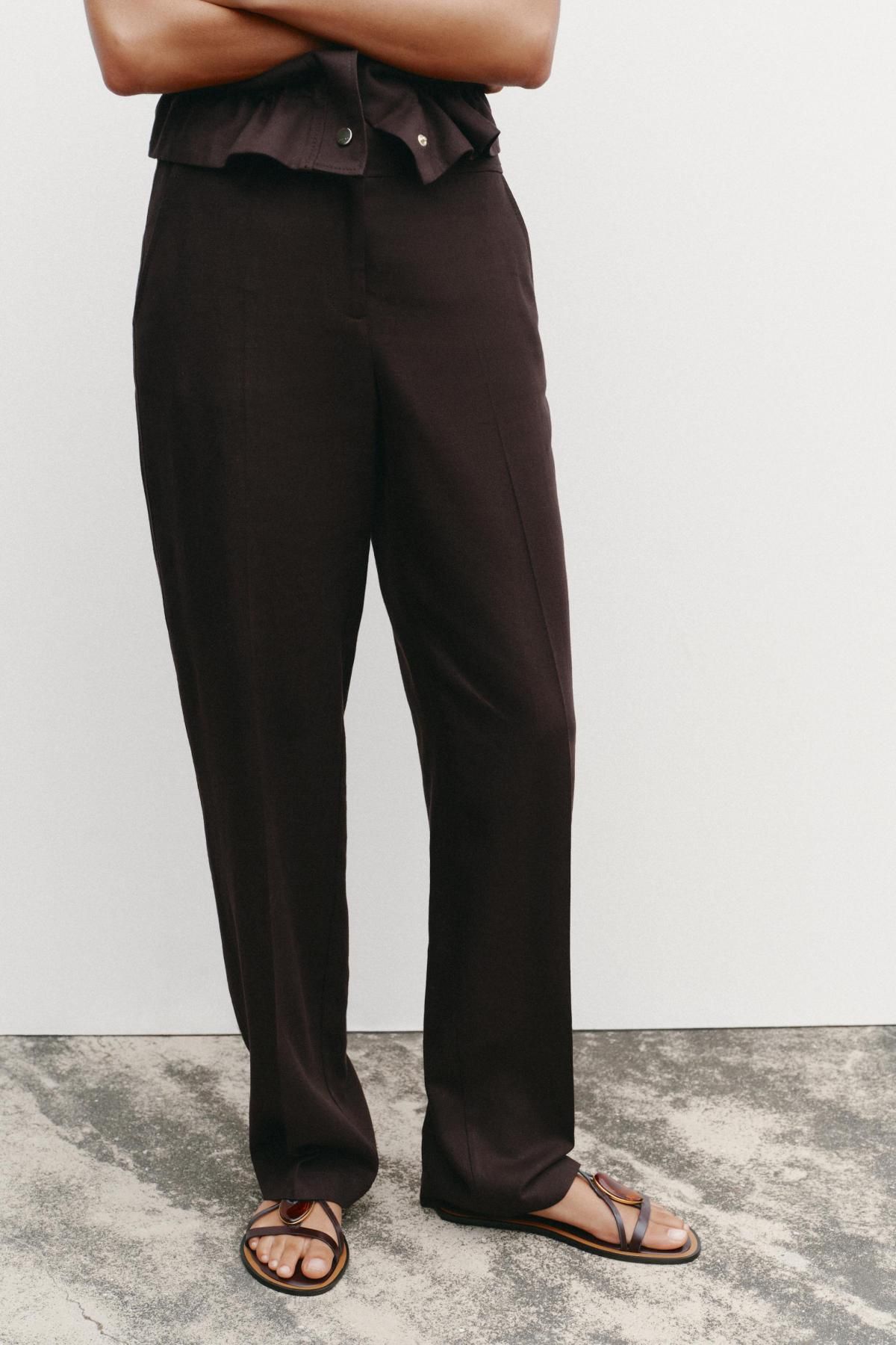 자라 린넨블렌드 하이웨이스트 스트레이트 팬츠 8156/333 BROWN - 메인 이미지