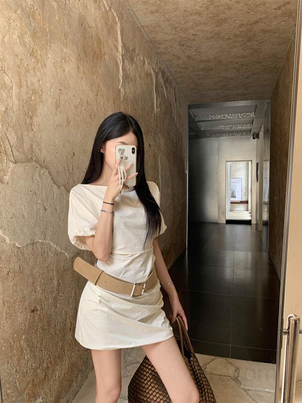 여성 투웨이 오프숄더 보트넥 A라인 미니 원피스 얇은 반팔 플레어 드레스 데이트룩 바캉스룩 봄 여름 - 상세 이미지 3