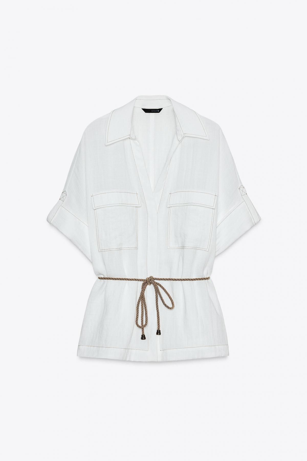 자라 사파리 벨티드 반팔 셔츠 8525/395 OYSTER-WHITE - 메인 이미지