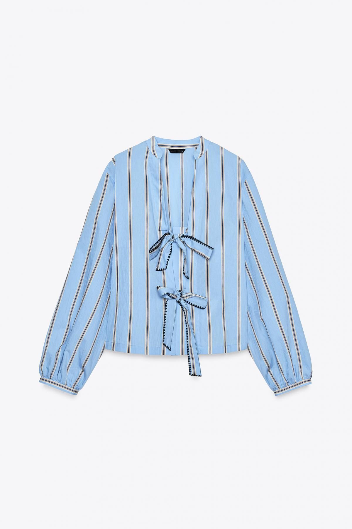 자라 스트라이프 포플린 브이넥 타이 셔츠 1971/160 SAND / BLUE - 메인 이미지