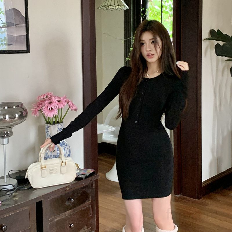 여성 긴팔 라운드넥 스냅단추 모달 면 스판 슬림핏 바디콘 미니원피스 오피스 데일리 베이직 캐주얼 봄 가을 - 상세 이미지 3