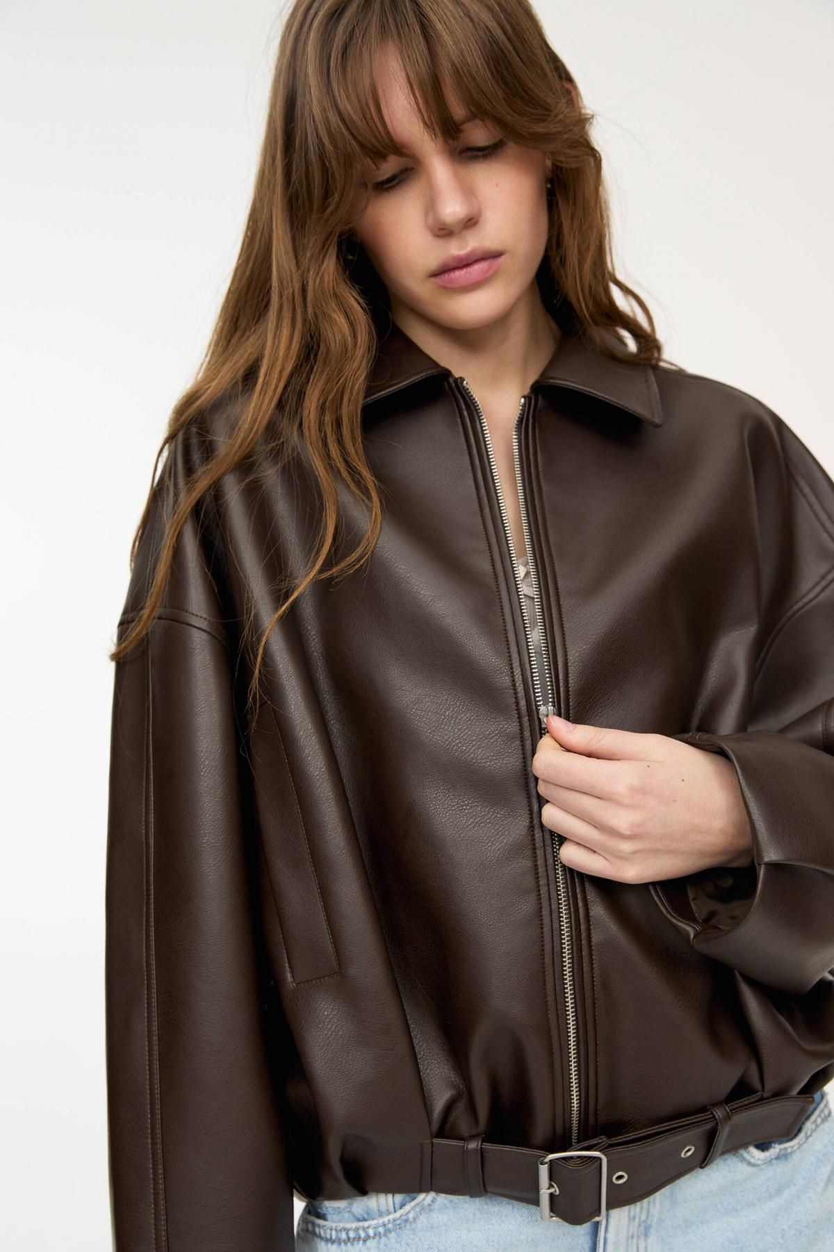 풀앤베어 레더 이펙트 벌룬핏 집업 봄버 재킷 7700/317 CHOCOLATE - 상세 이미지 5