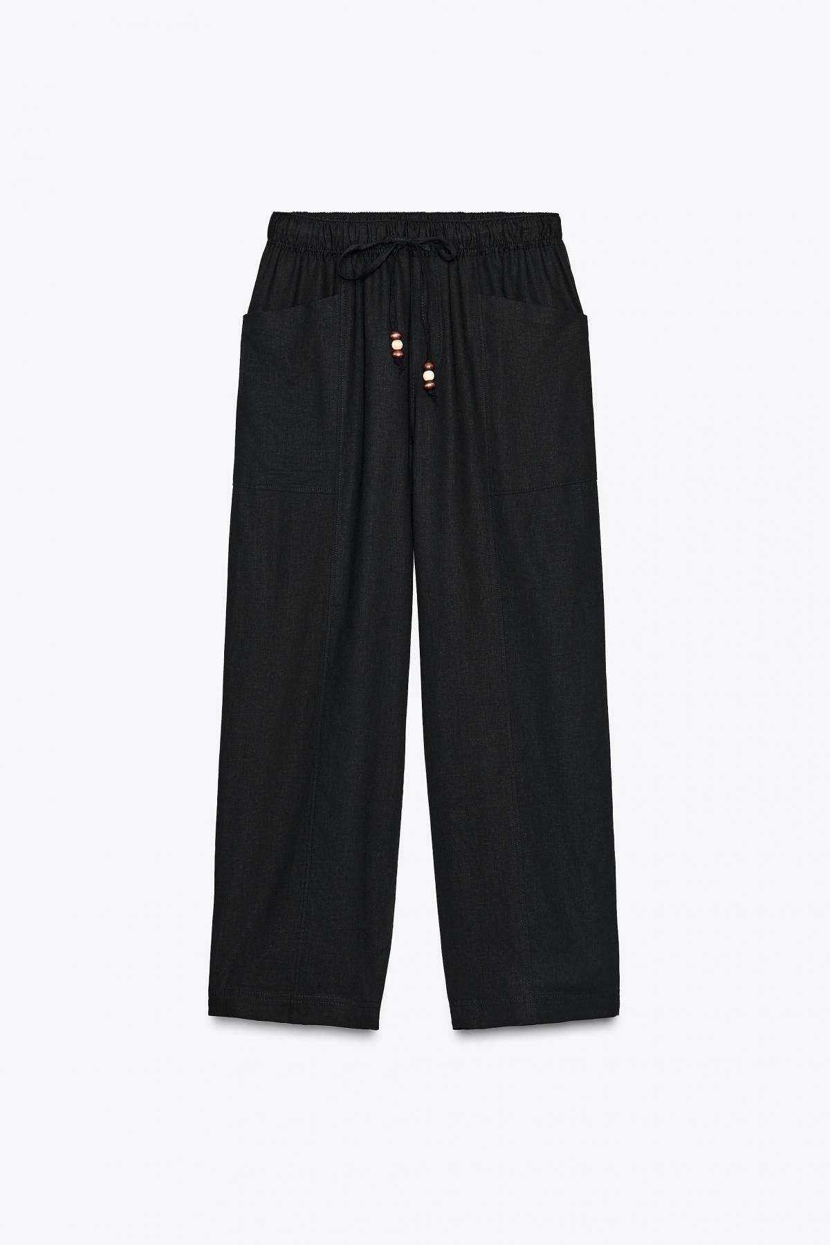 자라 린넨블렌드 비즈 드로스트링 와이드 팬츠 8668/383 BLACK - 상세 이미지 4