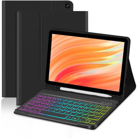 [EAMPANG][해외]아마존 킨들 파이어 HD 10&10 플러스 11/13세대 10.1인치, 7색 레인보우 백라이트 탈착식 키보드 마그네틱 커버, 펜 슬롯 10 2021&2023 블랙+블랙용 케