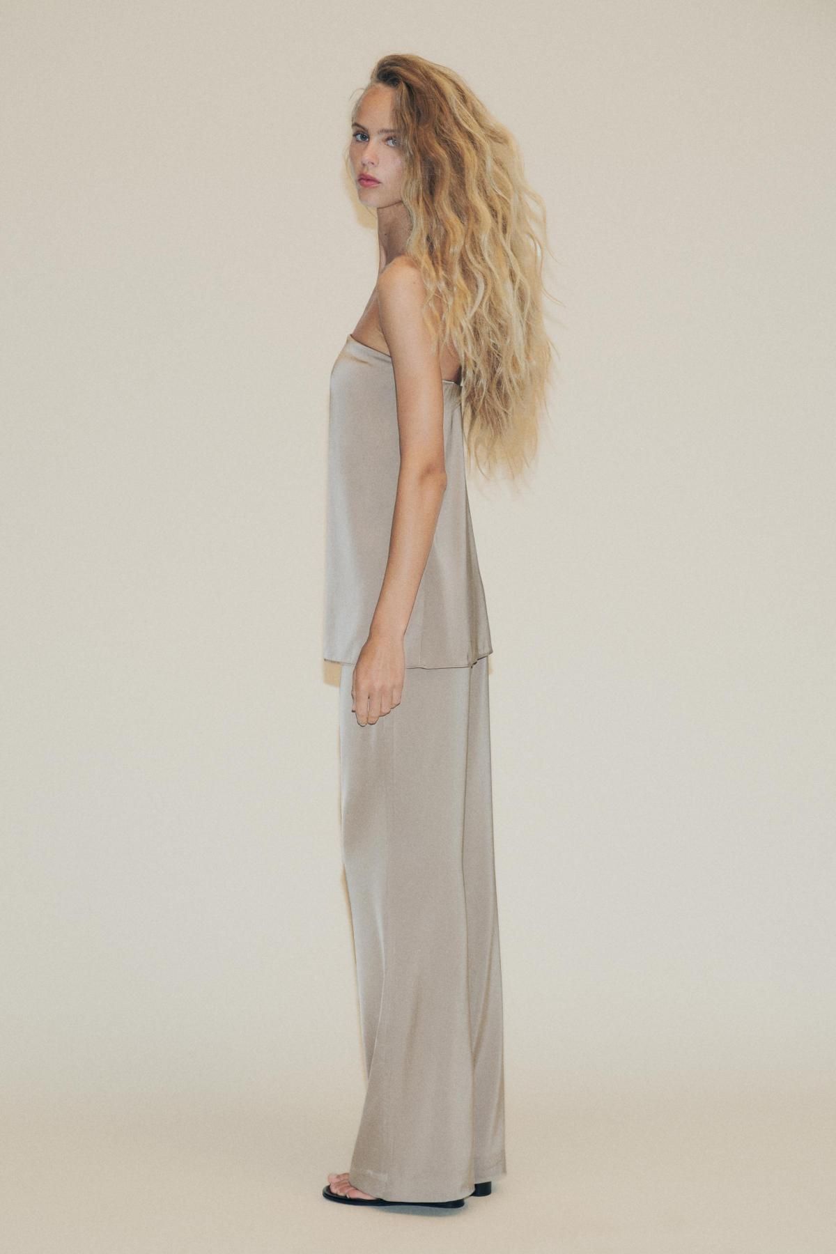 자라 하이웨이스트 새틴 와이드 팬츠 8338/529 BEIGE / GREEN - 상세 이미지 4