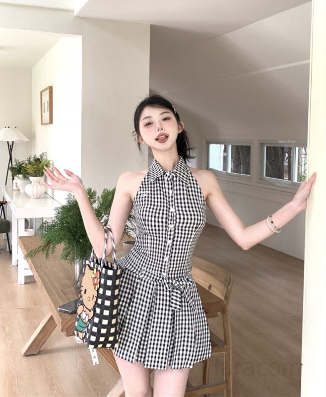 여성 홀터넥 고급스러운 프렌치 민소매 플리츠 폴로카라 체크 하이웨이스트 A라인 미니 셔츠 원피스 봄 여름 - 상세 이미지 3