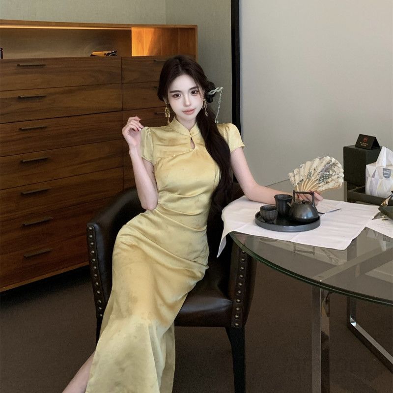 여성 우아한 신중식 새틴 치파오 A라인 반팔 롱 원피스 자카드 문양 하객룩 오피스룩 봄 여름 - 상세 이미지 5