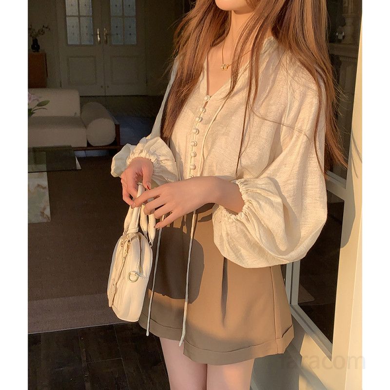 여성 내추럴 루즈핏 텐셀 브이넥 스트링 핀턱 퍼프소매 블라우스 긴팔 셔츠 하객룩 데일리 오피스룩 출근룩 봄 가을 - 상세 이미지 2