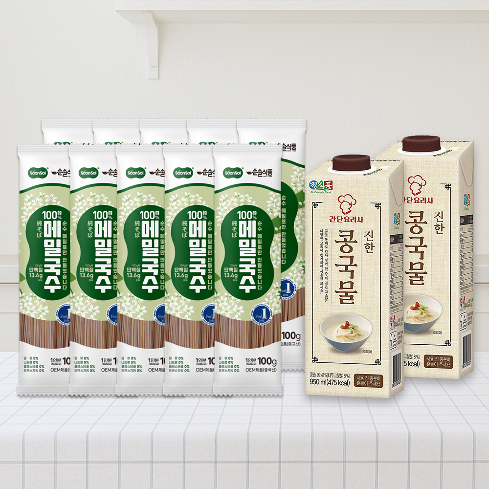 [순솔X정식품] 순솔 100% 메밀국수 100g 10봉 X 간단요리사 진한 콩국물 950ml 2팩