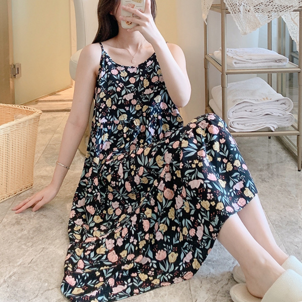 여성 민소매 나시 어깨 끈 플라워 꽃무늬 라운드넥 원피스 - 상세 이미지 4