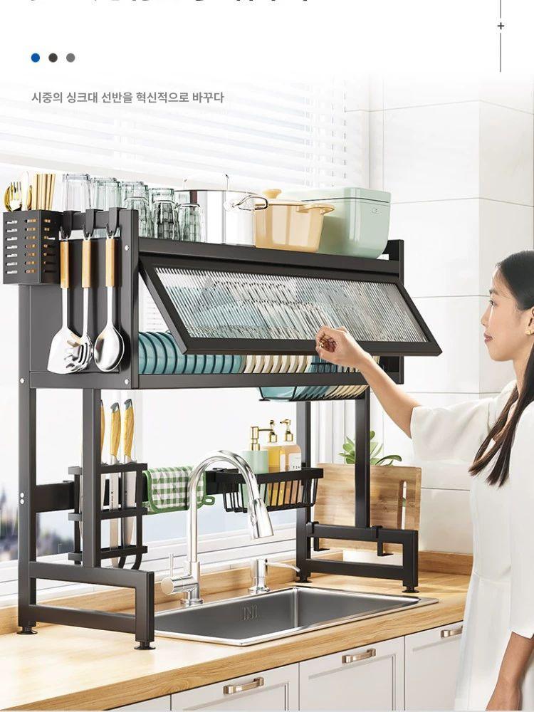 식기건조대 창문형 투명 싱크대선반 대형 도어 고정형 55cm 블랙+기본 프레임 - 상품 이미지