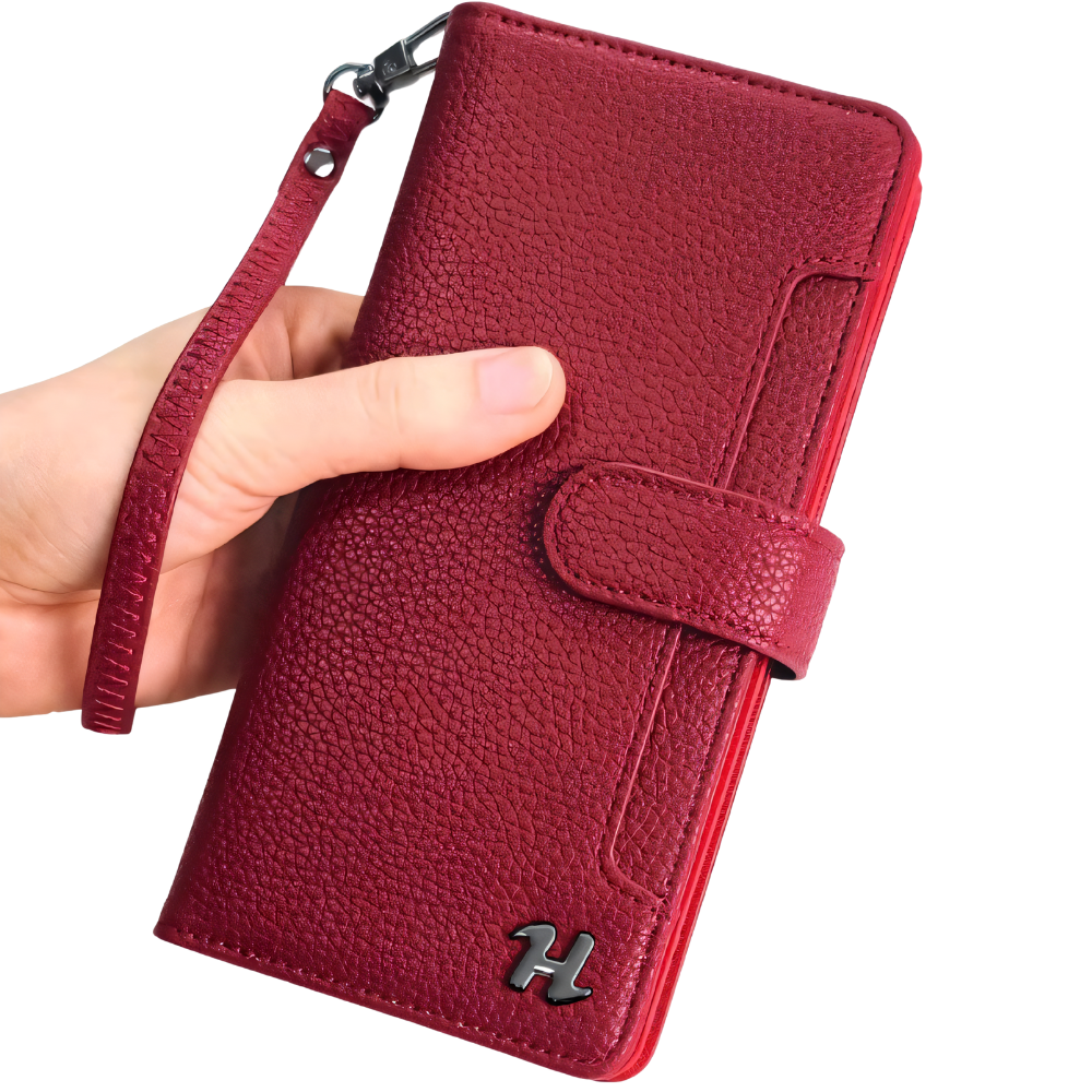 스피어 전면 카드수납 지갑형 다이어리 케이스 스트랩 레드, 갤럭시A9프로