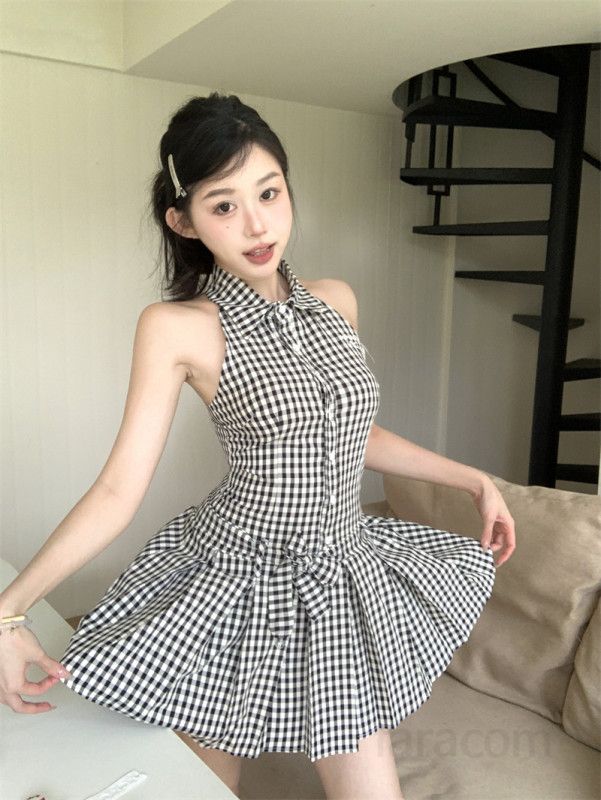 여성 홀터넥 고급스러운 프렌치 민소매 플리츠 폴로카라 체크 하이웨이스트 A라인 미니 셔츠 원피스 봄 여름 - 상세 이미지 5