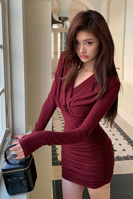 여성 브이넥 긴팔 셔링 미니원피스 슬림핏 랩원피스 하이웨스트 드레스 파티룩 데이트룩 우아한 봄 가을 이미지 6