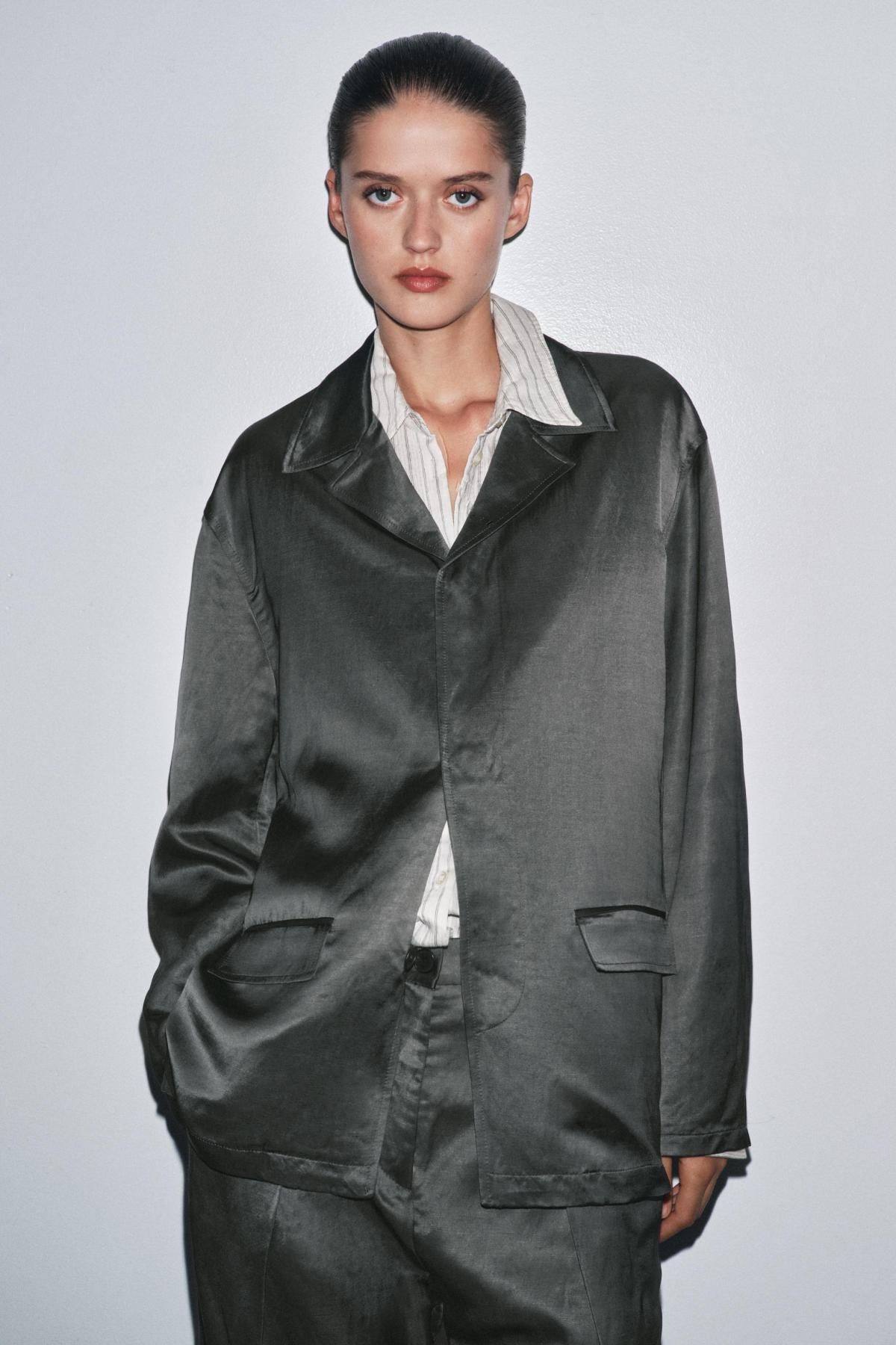 자라 새틴 린넨 블렌드 테일러드 재킷 8058/002 CHARCOAL - 상세 이미지 3
