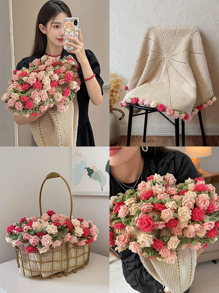 꽃다발블랭킷 DIY 꽃다발이되는담요 뜨게꽃 유모차덮개 눈5+몽4 핑크복숭아 사이즈약100cm - 상품 이미지