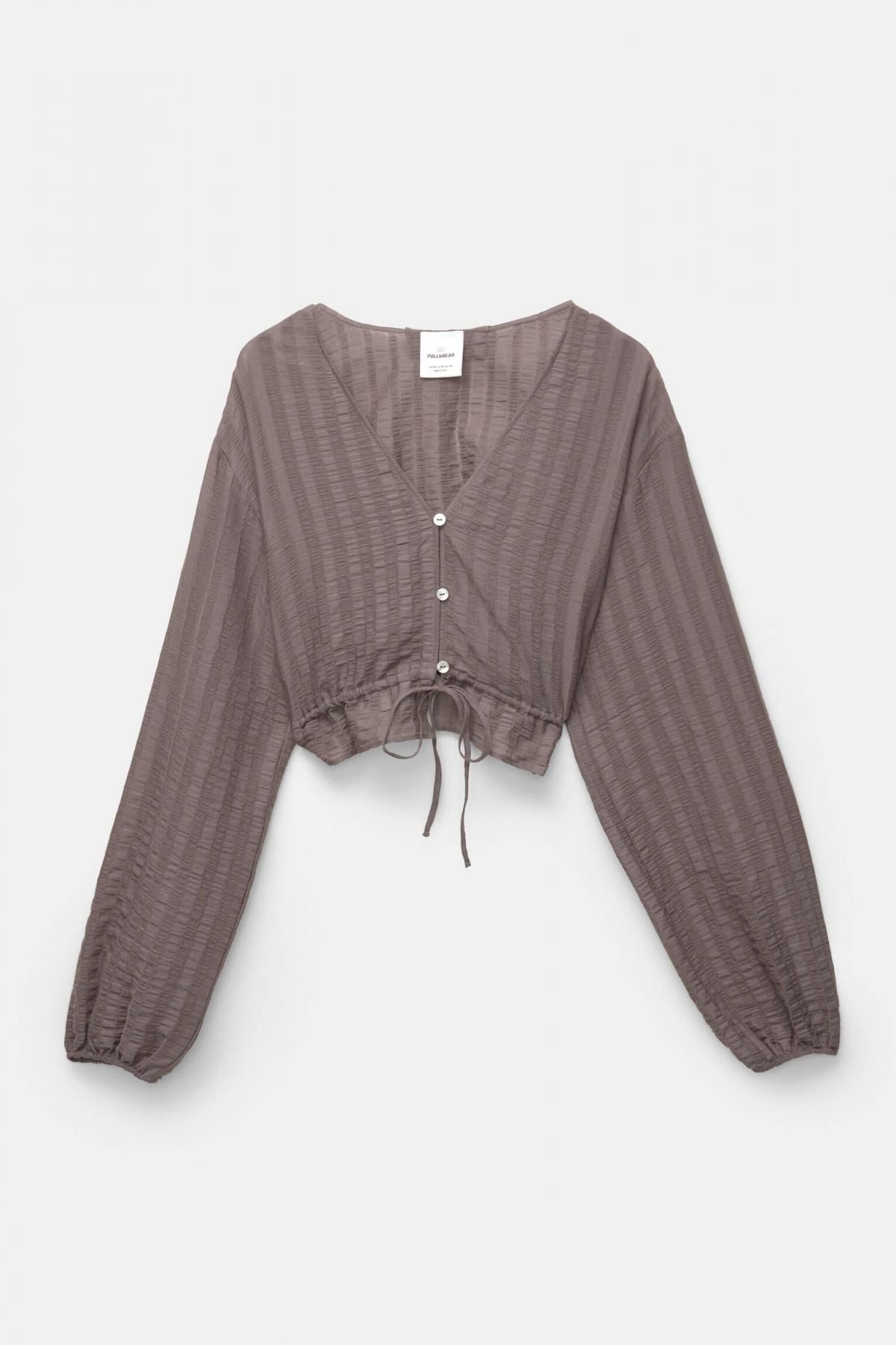 풀앤베어 내추럴 텍스처 스트라이프 크롭 브이넥 셔츠 7472/438 BROWN - 메인 이미지