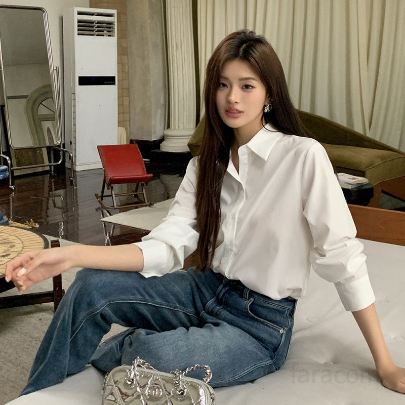 여성 루즈핏 밴드카라 셔츠 베이직 긴팔 블라우스 데일리 출근룩 오피스룩 하객룩 모던 깔끔한 봄 가을 - 상세 이미지 3