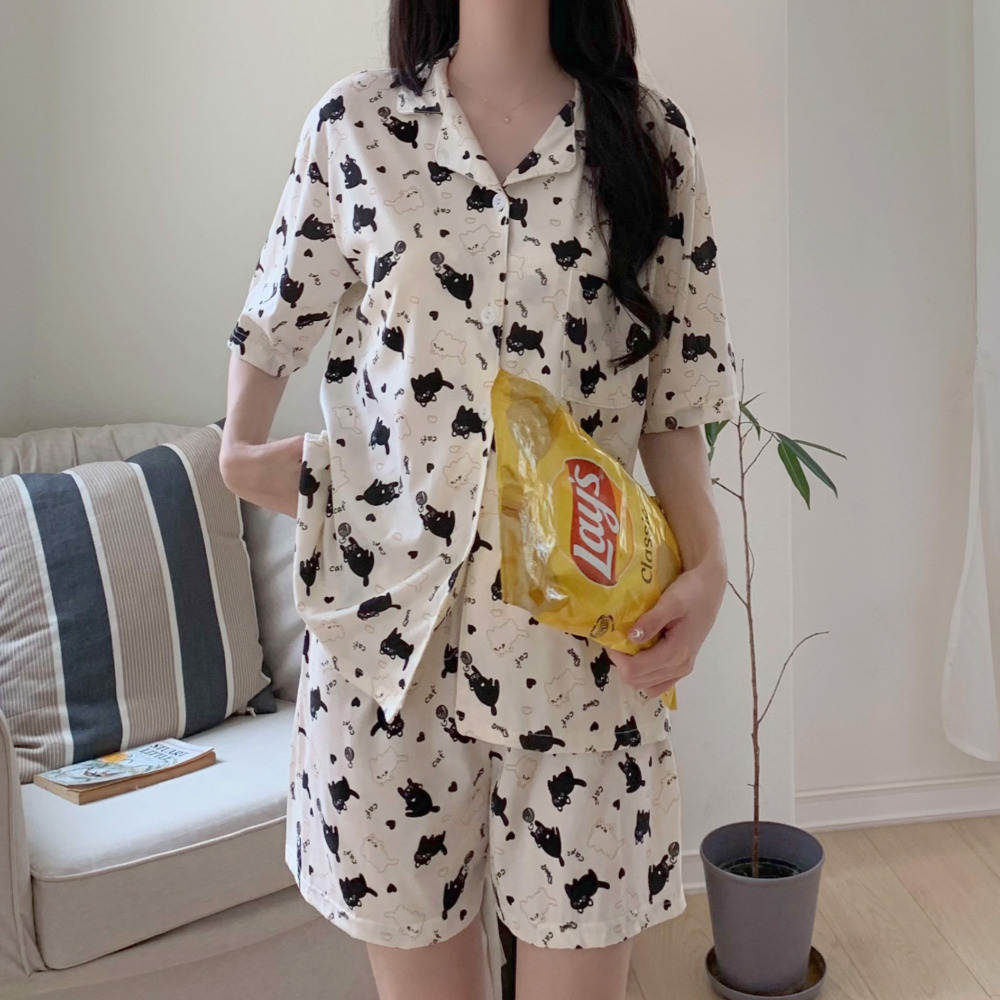 여름잠옷세트 반팔잠옷  파자마파티 여성 반바지 귀여운 바지 실내복 - 상품 이미지