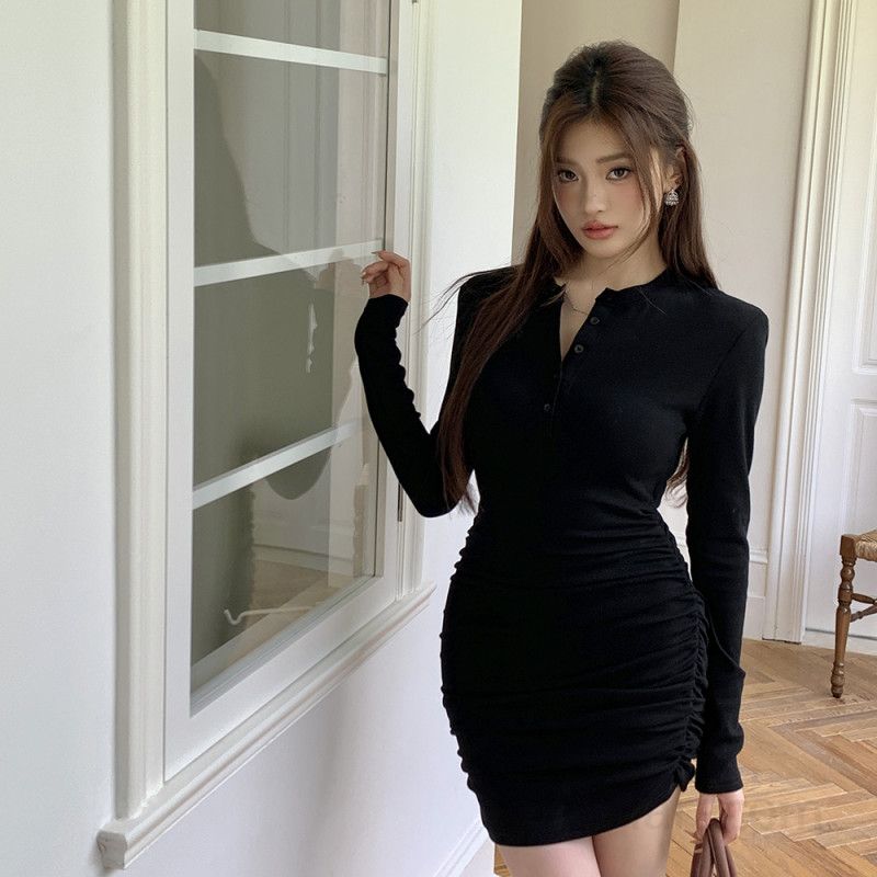 여성 라운드넥 백리스 셔링 슬림핏 미니 원피스 섹시 바디콘 긴팔 시티룩 데이트룩 봄 가을 - 상세 이미지 2