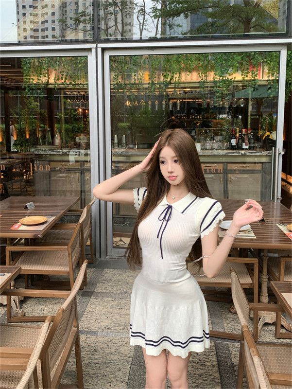 여성 세일러카라 배색 프릴소매 니트 미니 원피스 슬림핏 플레어 A라인 핏예쁜 여름 캐주얼 데이트룩 휴양지룩 바캉스룩 봄 여름 - 상세 이미지 3
