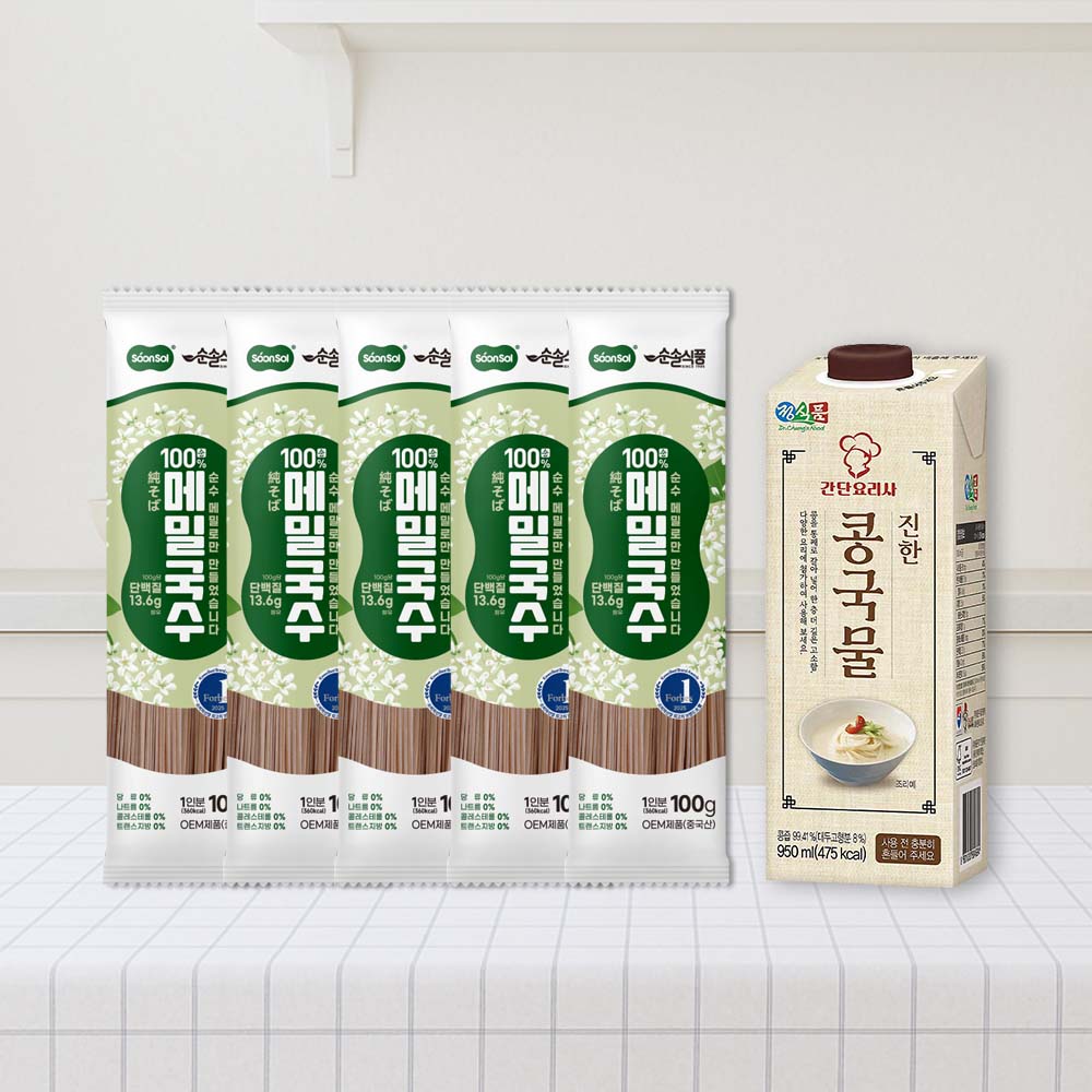 [순솔X정식품] 순솔 100% 메밀국수 100g 5봉 X 간단요리사 진한 콩국물 950ml