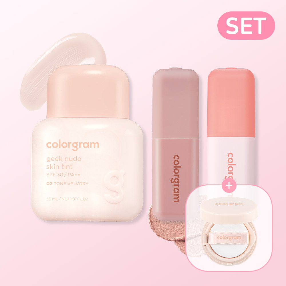 [SET] 컬러그램 긱 누드 스킨 틴트 30ml + 긱 누드 컬러 커버 틴트 5g + 립 틴트 3종 세트 / SPF 30 PA++