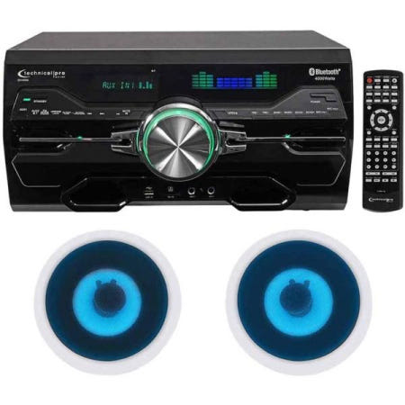 [해외]테크니컬 프로 프로페셔널 4000w 리시버/앰프/DVD 플레이어 블루투스/USB/FM 번들, (2) Rockville HC65B-LED 6.5인치 500와트 인실링 홈 시어
