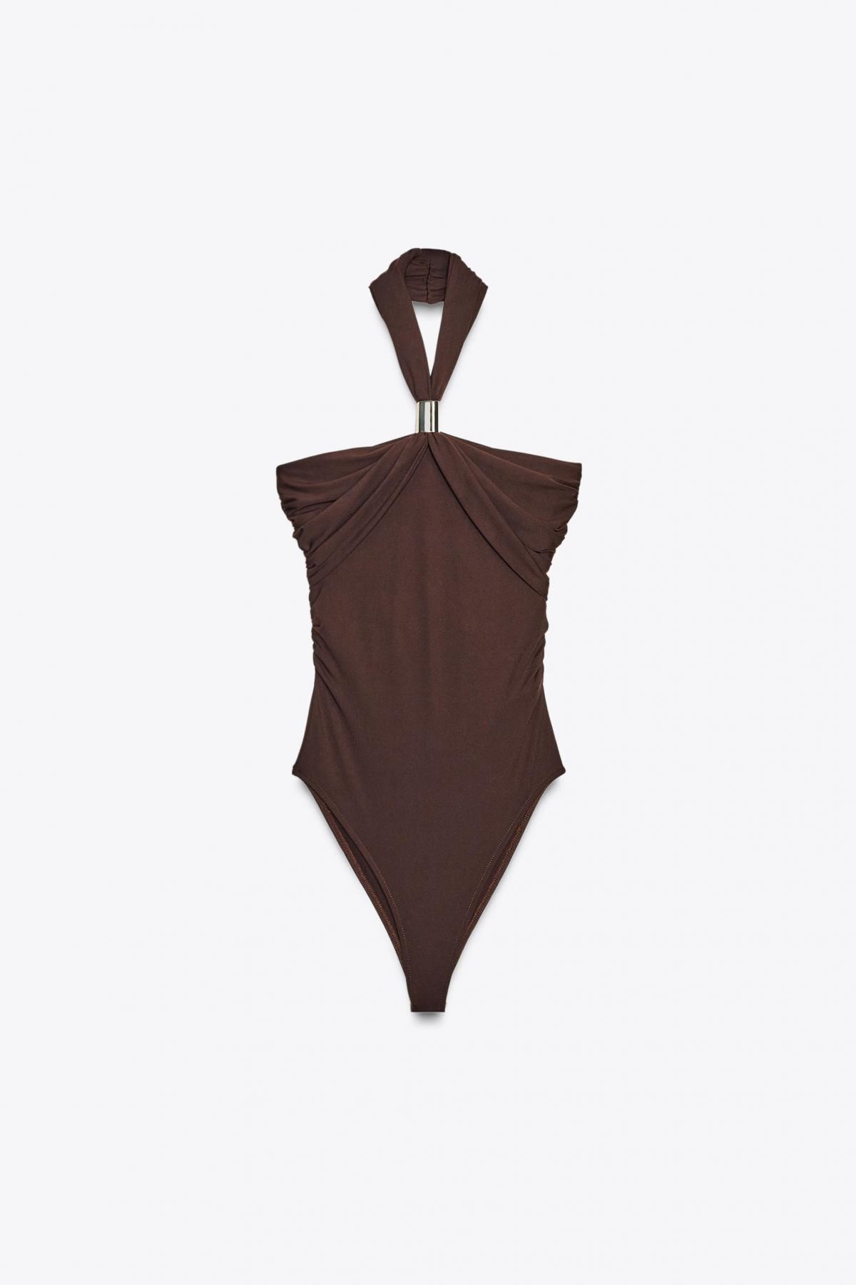 자라 폴리아미드 메탈 디테일 홀터넥 바디수트 1026/156 DARK BROWN - 메인 이미지