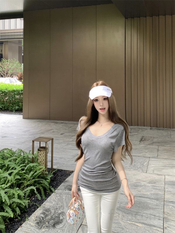 여성 브이넥 반팔 면 골지 슬림핏 중장기장 티셔츠 데일리웨어 편안한 이너 캐주얼 오피스룩 봄 여름 - 상세 이미지 5
