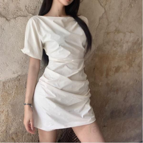 여성 투웨이 오프숄더 보트넥 A라인 미니 원피스 얇은 반팔 플레어 드레스 데이트룩 바캉스룩 봄 여름 - 상품 이미지