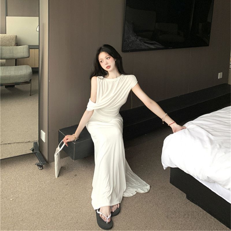 여성 언발란스 숄더탑 드레이프 맥시 롱스커트 투피스 하객룩 데이트룩 오피스룩 슬림핏 페미닌 우아한 격식룩 데일리 봄 여름 코디 추천 - 상세 이미지 5
