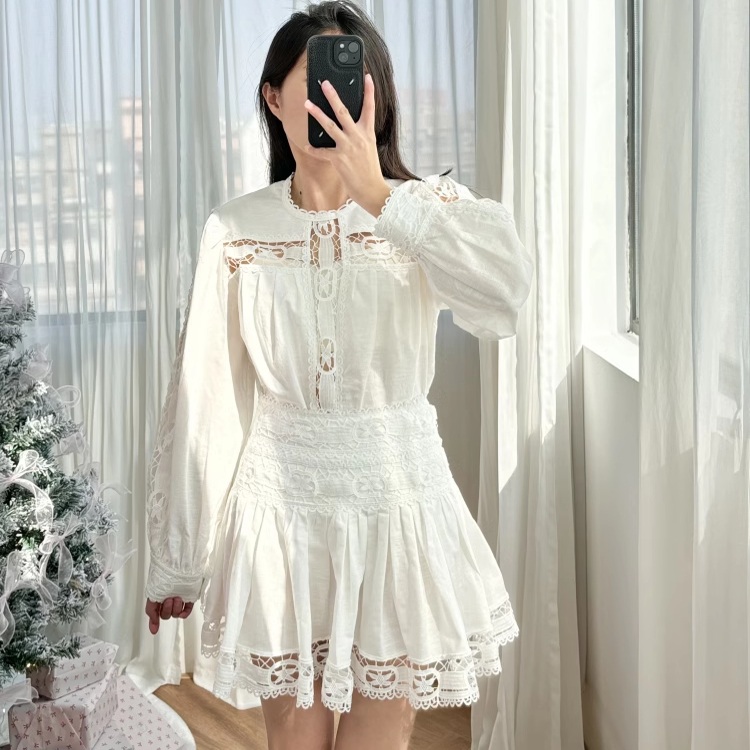 레이스 펀칭 미니 드레스 투피스 린넨 코튼 스커트 셋업 - 상품 이미지