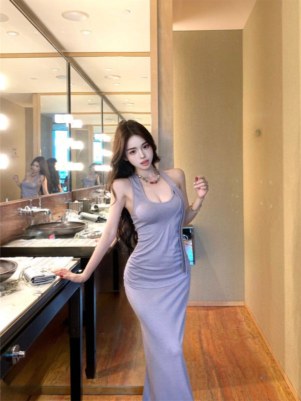 여성 하이웨스트 할터넥 슬림핏 바디콘 롱원피스 비대칭 옆트임 주름 디테일 글램 섹시 페미닌 파티룩 바캉스룩 데이트룩 원피스 봄 여름 - 상세 이미지 3