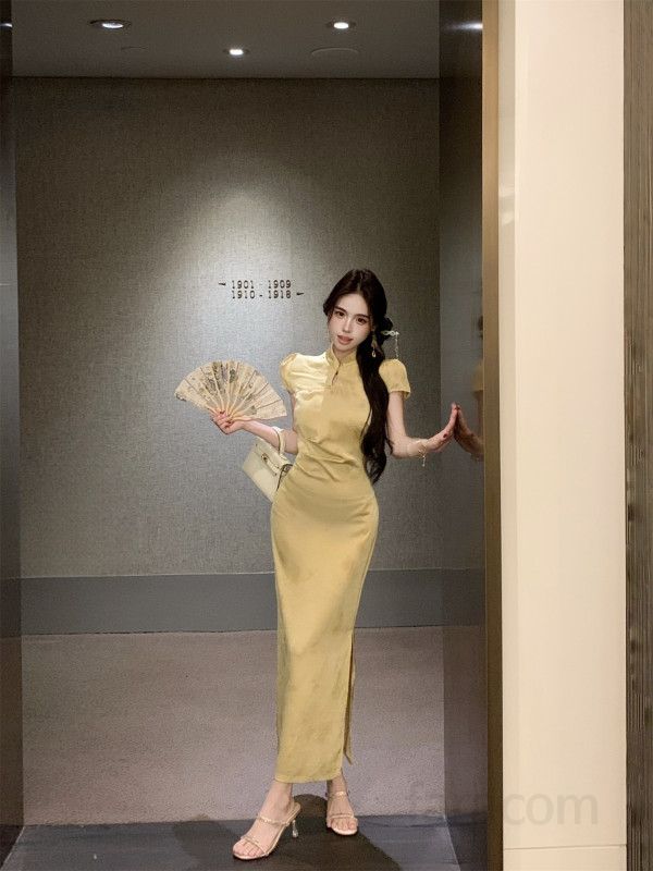 여성 우아한 신중식 새틴 치파오 A라인 반팔 롱 원피스 자카드 문양 하객룩 오피스룩 봄 여름 - 상세 이미지 3