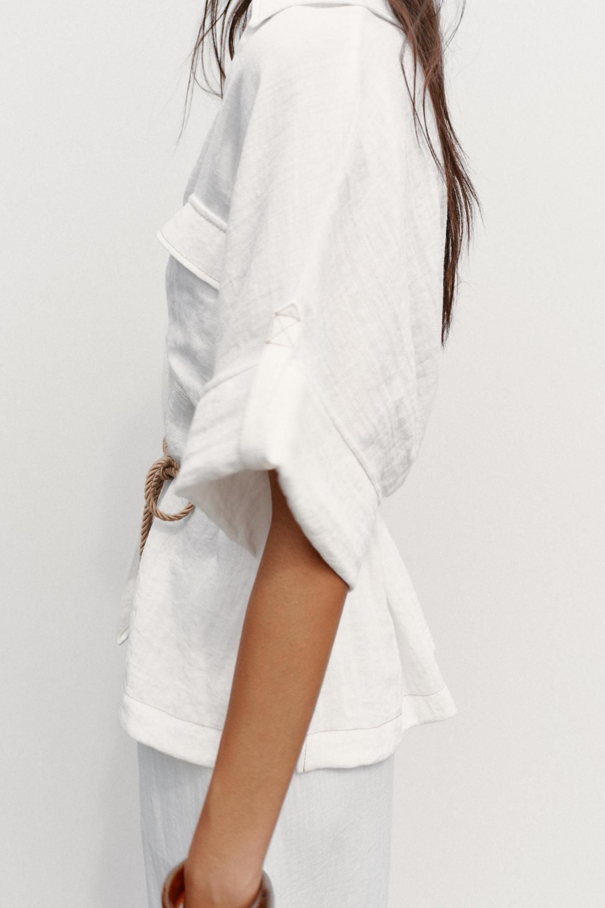 자라 사파리 벨티드 반팔 셔츠 8525/395 OYSTER-WHITE - 상세 이미지 4