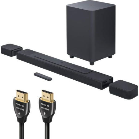 [해외]탈착식 서라운드 스피커, 멀티빔, 돌비 애트모스 및 DTS:X(블랙) + 오디오퀘스트 펄 48 HDMI 케이블이 포함된 JBL Bar 1000 올인원 사운드바