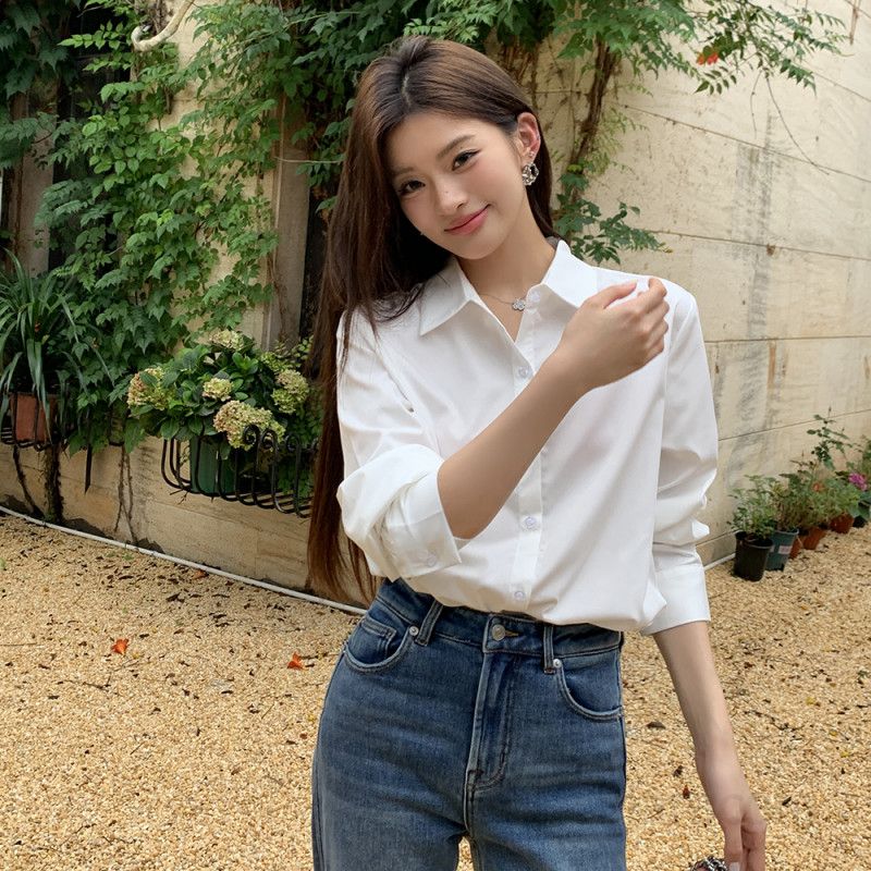 여성 루즈핏 밴드카라 셔츠 베이직 긴팔 블라우스 데일리 출근룩 오피스룩 하객룩 모던 깔끔한 봄 가을 - 상품 이미지