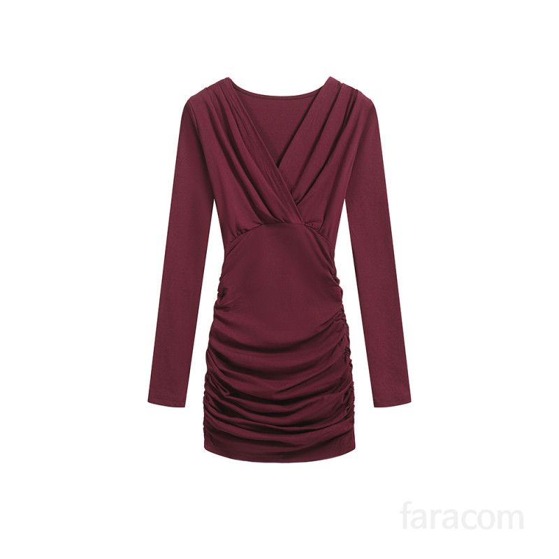 여성 브이넥 긴팔 셔링 미니원피스 슬림핏 랩원피스 하이웨스트 드레스 파티룩 데이트룩 우아한 봄 가을 - 상세 이미지 5